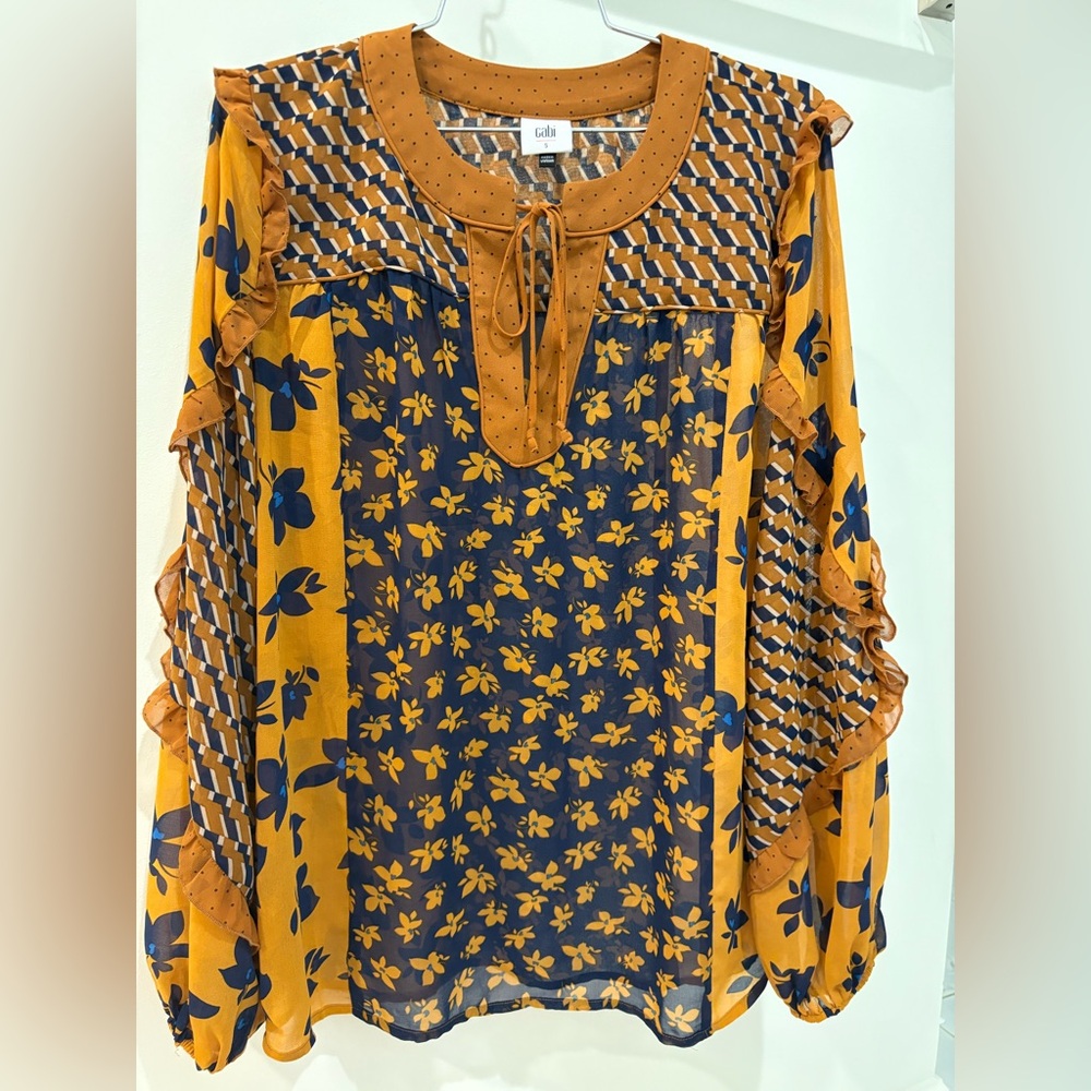 CAbi Mustard and Navy Floral Blouse